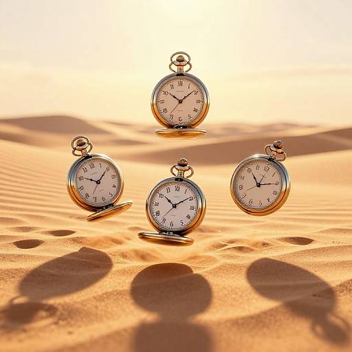 Photograph of four vintage pocket watches floating in golden sand at sunset, casting long shadows, with a warm, glowing background.