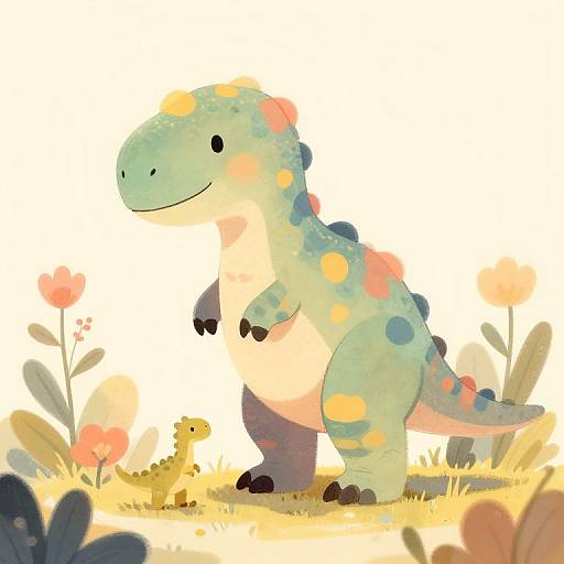 Whimsical digital drawing of a cute, green, polka-dotted dinosaur standing on grassy ground with small flowers and a tiny yellow dinosaur beside