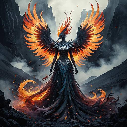 Ethereal Fiery Phoenix in Volcanic Landscape