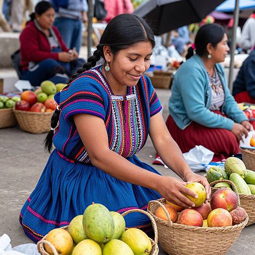 Photograph of a smiling Indigenous woman in a colorful, traditional blue dress, kneeling beside baskets of fruit at an outdoor market.