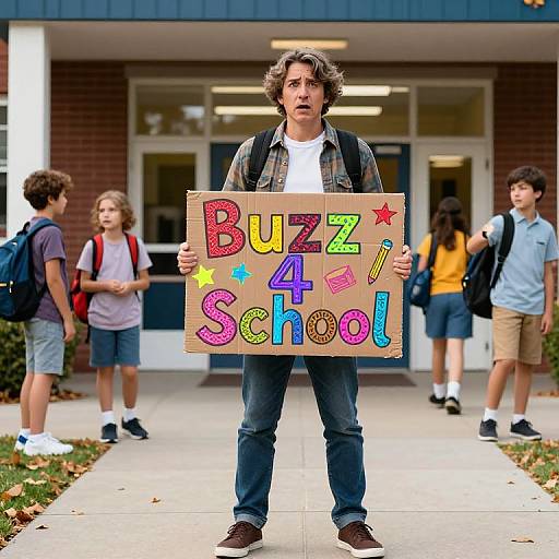 Photograph of a curly-haired teenage boy holding a colorful 