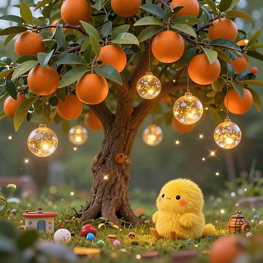 Photograph of a whimsical garden scene with a fluffy yellow chick under an orange tree, adorned with glowing glass ornaments, surrounded by colorful toys and tiny