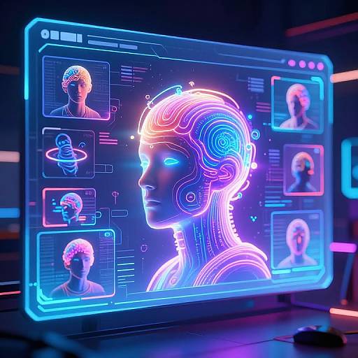 Neon-lit digital interface displaying a glowing, futuristic female head with intricate blue and pink lines, surrounded by smaller holographic portraits. Cyberpunk CGI