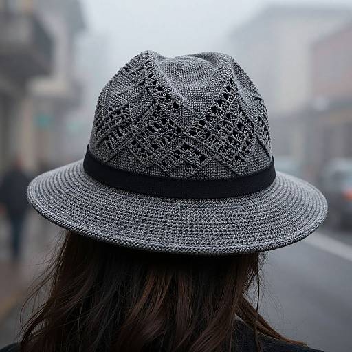 Photograph of a person from behind, wearing a gray, intricately crocheted fedora hat, on a foggy, urban street. Bl