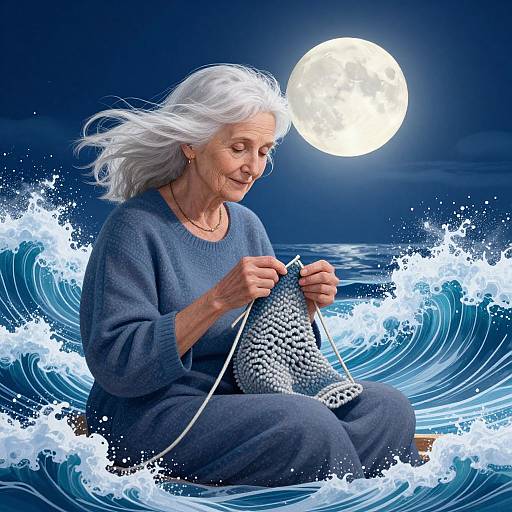 Elderly woman with white hair, blue sweater, knitting, under full moon, surrounded by dynamic ocean waves, digital artwork.