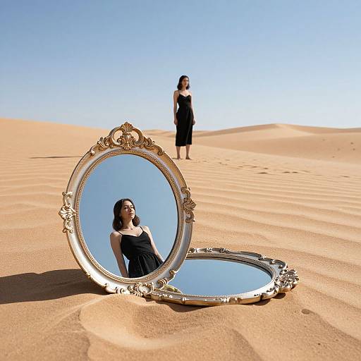 Photograph of an ornate, gold-framed mirror lying in a desert, reflecting a woman in a black dress, while another woman stands blurred in