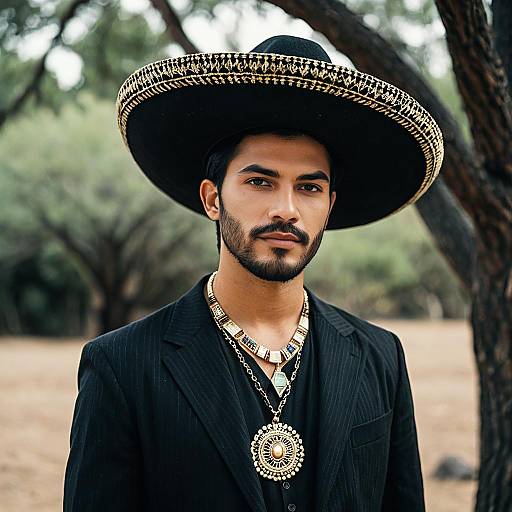 Man in Mexican Costume with Sombrero and Jewelry