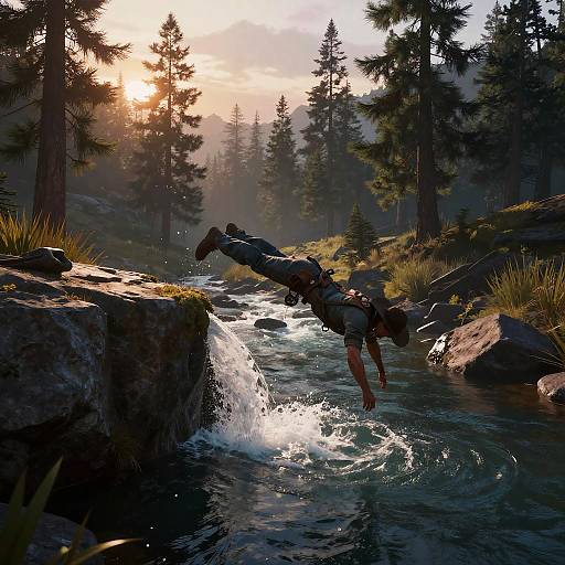 Photograph of a person mid-air diving off a rocky waterfall in a sunlit forest, surrounded by tall pine trees at sunset.