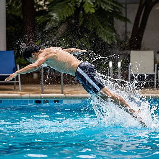 Photograph of a shirtless, muscular man in black swim trunks mid-air diving into a blue pool, creating a splash. Background features blurred green