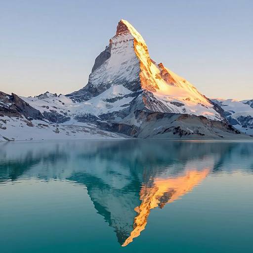 Photograph of a majestic, snow-capped mountain peak illuminated by golden sunlight, perfectly reflected in a calm, clear blue lake.