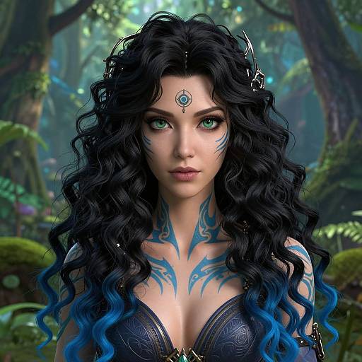 Digital art of a pale-skinned, green-eyed woman with long black and blue wavy hair, intricate blue tattoos, and a gemmed forehead piece