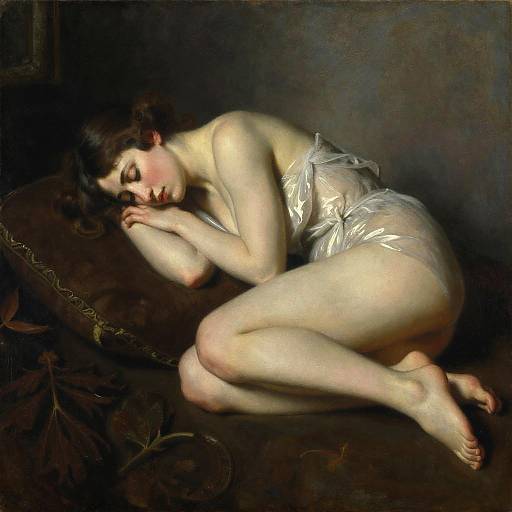 Photorealistic painting of a fair-skinned, dark-haired woman sleeping on a dark pillow, wearing a sheer, white, strapless bodysuit