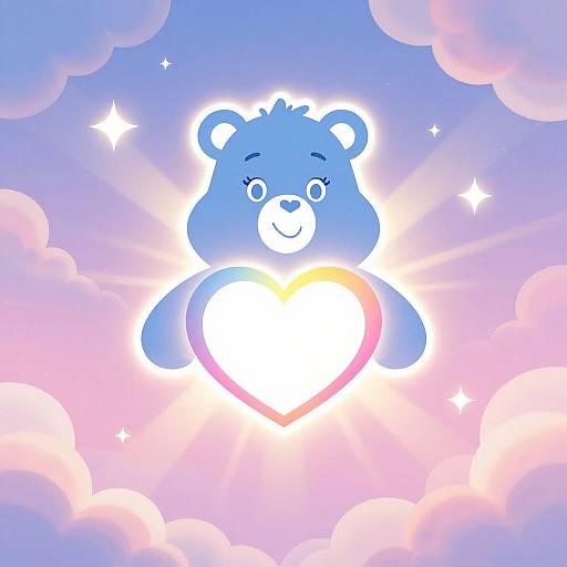 Digital illustration of a blue, smiling teddy bear holding a glowing white heart against a pastel pink, purple, and blue cloud-filled sky with sparkling