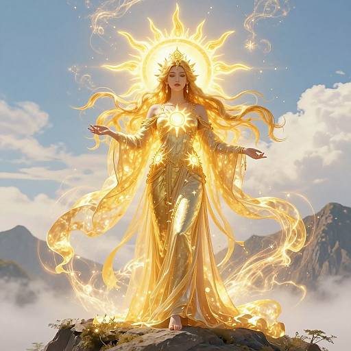Digital artwork of a radiant, fiery goddess with flowing golden flames, standing on a rock, wearing a glowing, ethereal robe, against a mountainous