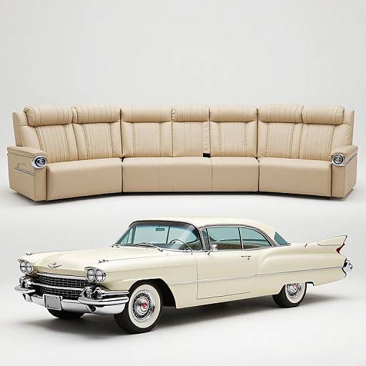 Photograph of a classic beige leather sectional sofa above a vintage cream-colored 1950s car with chrome accents, both set against a white background.