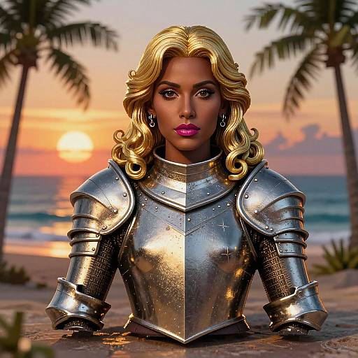 Photorealistic digital art of a blonde woman with dark skin, wearing shiny silver armor, standing on a beach at sunset with palm trees.