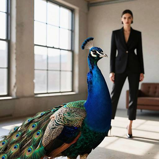 Photograph: Elegant blue peacock with vibrant tail feathers in foreground, blurred woman in black blazer and pants standing in sunlit, industrial-style room
