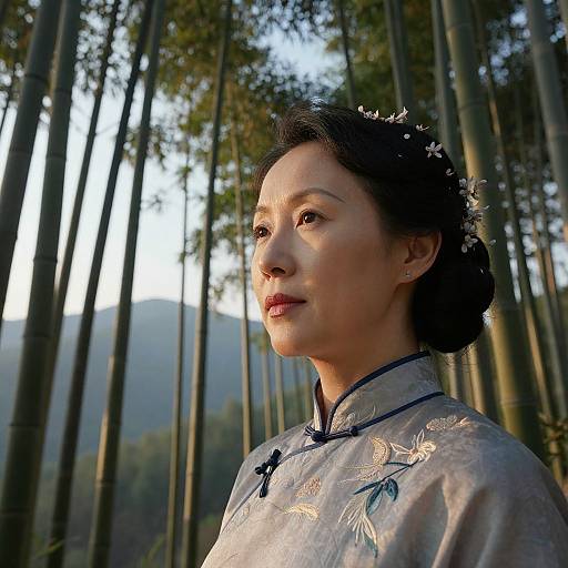Photograph of an East Asian woman with fair skin and black hair in an updo, wearing a floral-patterned, grey traditional Chinese blouse, standing
