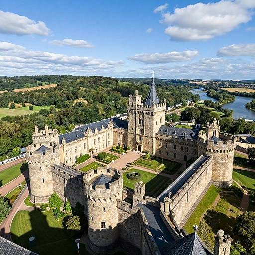 Aerial photograph of a majestic, sunlit medieval castle with tall towers, battlements, and green lawns, surrounded by lush forests and a river