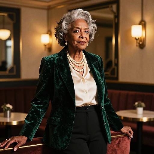Photograph of an elderly African-American woman with short gray hair, wearing a dark green velvet blazer, white blouse, pearl necklace, and black pants