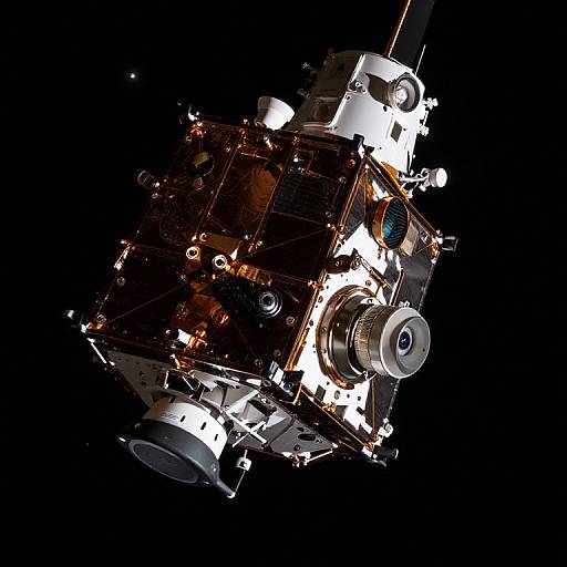Photograph of a spacecraft floating in space, lit by sunlight against a dark black background, showcasing intricate metallic components and antennas.
