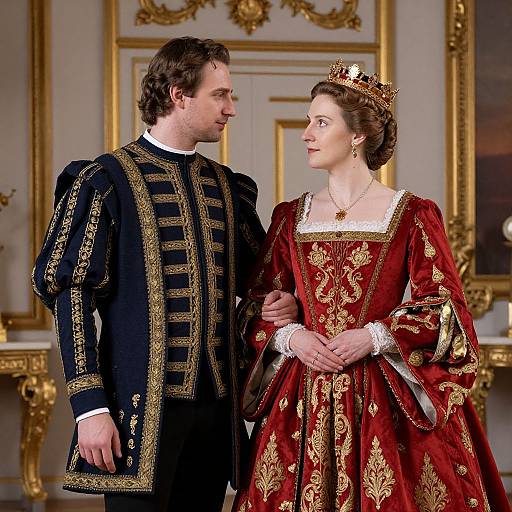 Photograph of a regal couple in period attire; he wears a black, gold-embroidered Renaissance-style jacket, she dons a red