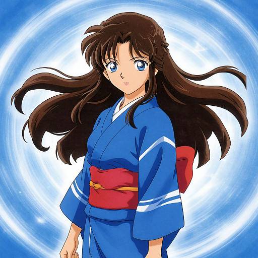 Digital anime-style drawing of a blue-eyed, long brown-haired girl in a blue yukata with a red obi, standing against a swirling blue