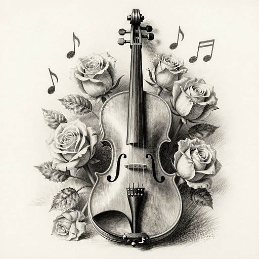 Surreal Pencil Drawing of Violin and Roses