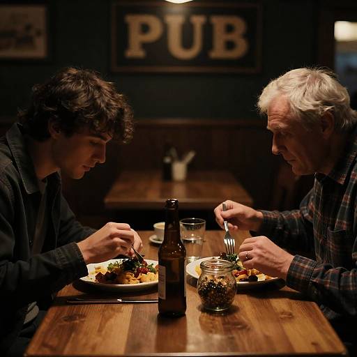 Dining Men in a Cozy Pub Setting