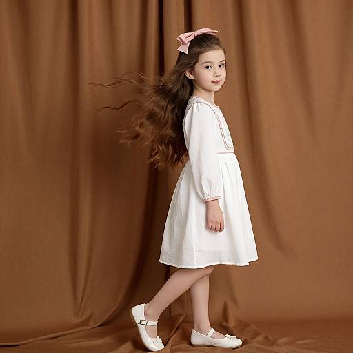 Young girl with long brown hair, pink bow, white dress, and white shoes, standing against brown fabric backdrop, smiling. Digital artwork.