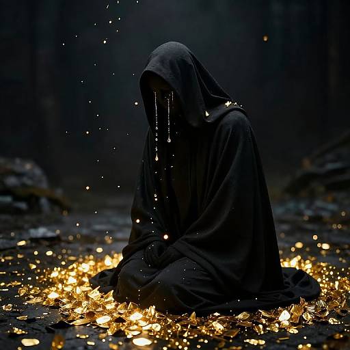 Cloaked Figure Amid Golden Shards