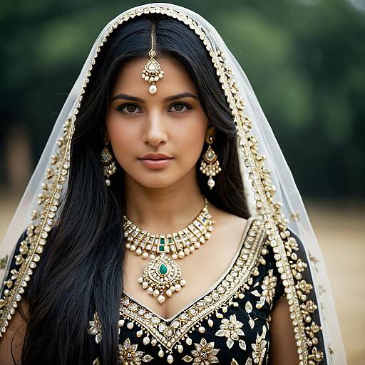 Traditional Indian Woman in Embroidered Dupatta and Jewelry