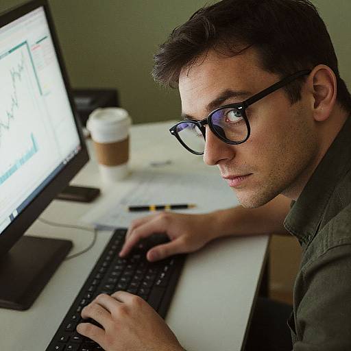 Photograph of a focused young man with glasses, dark hair, and green shirt, typing on a laptop at a white desk with a coffee cup in