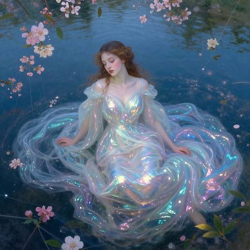 Fantastical digital artwork of a fair-skinned, curly-haired woman in a shimmering, iridescent dress, floating serenely in a