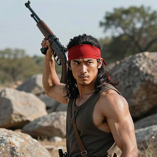 Muscular man with rifle in rocky landscape