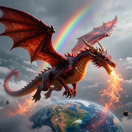 Digital artwork of a fierce red dragon with glowing eyes and fiery breath, soaring above a planet with a vibrant rainbow in a cloudy sky.