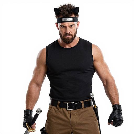 Photograph of a muscular, bearded man with spiky hair, wearing a black tank top, brown pants, black gloves, headband, and