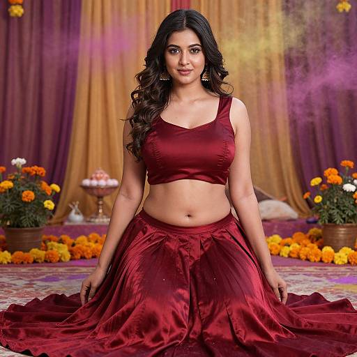Photograph of a curvy South Asian woman with long black hair, wearing a red crop top and flowing red skirt, seated on a colorful carpet with