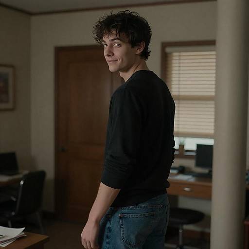 Dimly Lit Young Man Over-the-Shoulder Portrait