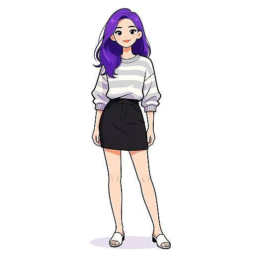 Digital anime-style drawing of a young woman with long purple hair, wearing a white striped sweater, black skirt, white sandals, and standing against a white