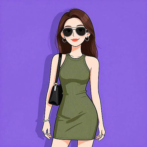 Digital anime-style drawing of a slim, fair-skinned woman with long brown hair, wearing a green ribbed dress, black sunglasses, and hoop earrings