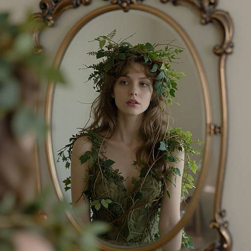 Photograph of a young woman with wavy brown hair, wearing a leafy crown and dress, reflected in an ornate, oval mirror.