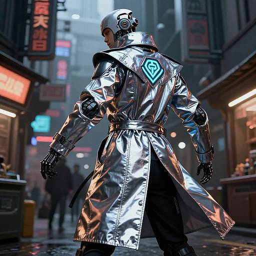 Cyberpunk street scene: futuristic soldier in reflective silver coat with glowing blue emblem, black gloves, helmet, standing on wet pavement, neon-lit