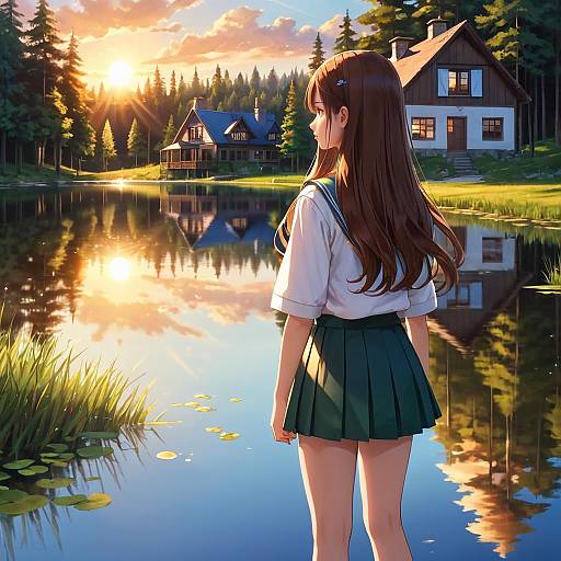 Serene Reflection of a Girl at Sunset