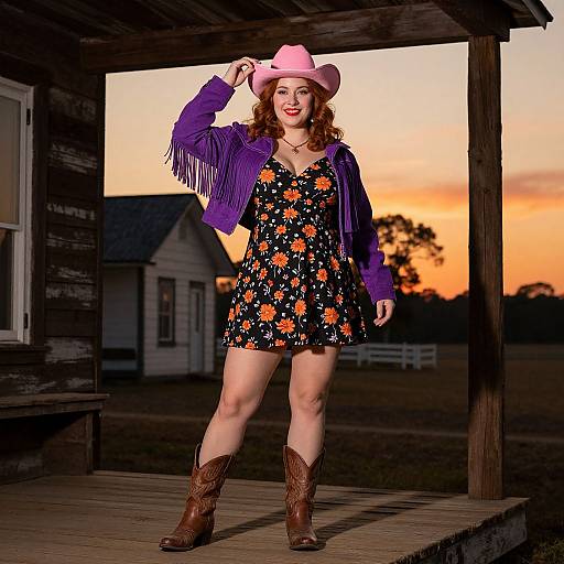 Photograph of a smiling young woman in a pink cowboy hat, purple fringe jacket, black floral dress, and brown boots, standing on a wooden porch