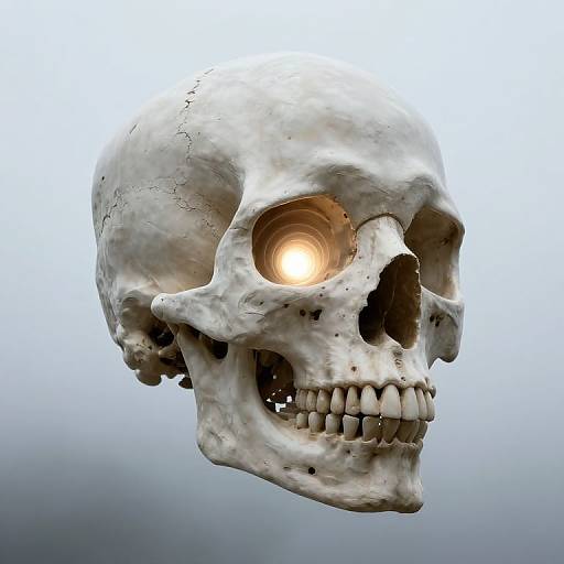 Photorealistic CGI of a white, cracked human skull with glowing eye socket, floating against a gradient gray-blue background.