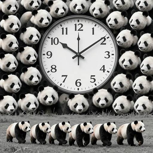 Photograph of a giant clock with panda faces around the frame, showing 10:10, surrounded by a grassy field with a group of pandas