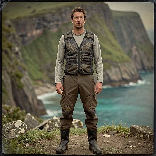 Photograph: Bearded man with short brown hair, wearing gray long-sleeve shirt, black mesh vest, and brown pants, stands on rocky