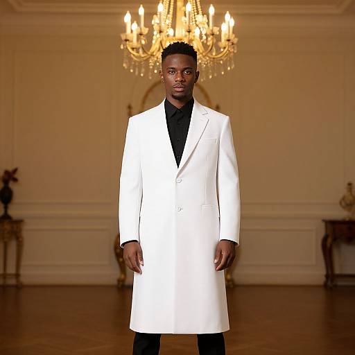 Man in White Coat Standing Under Chandelier