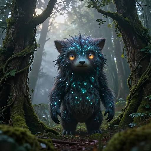 Digital art of a glowing, blue, furry forest creature with bright orange eyes, standing in a misty, mossy woodland.